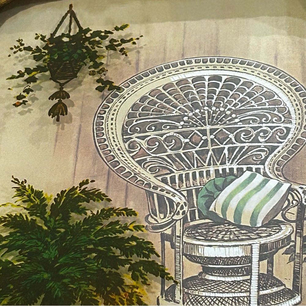 Vintage MCM 3D Peacock Chair Fern Print Rattan Frame Boho Cottagecore Wall Decor - Picture 5 of 11